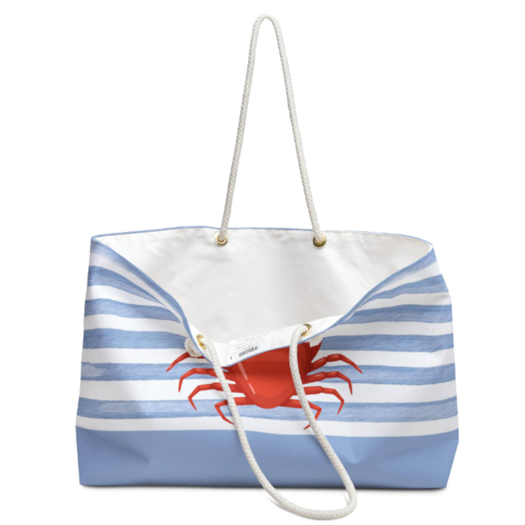 Weekender Tote Bag - Blue Stripes with Crab