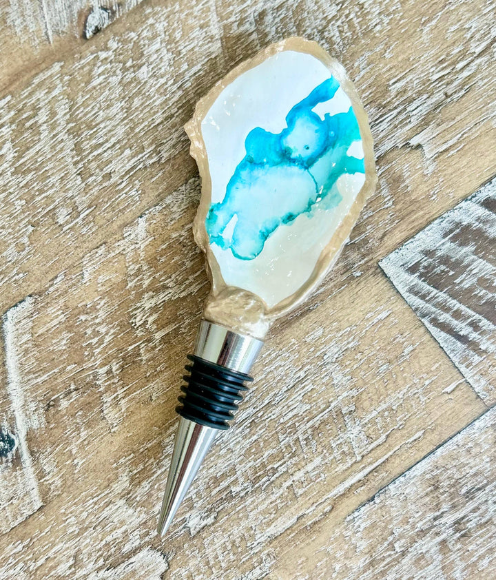 Hand Painted - Oyster Bottle Stopper - Aqua