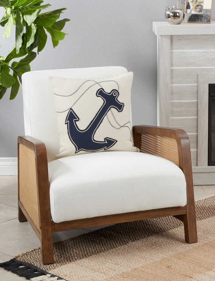 Anchor Appliqué Throw Pillow: Navy Blue / Poly Filled / 18"
