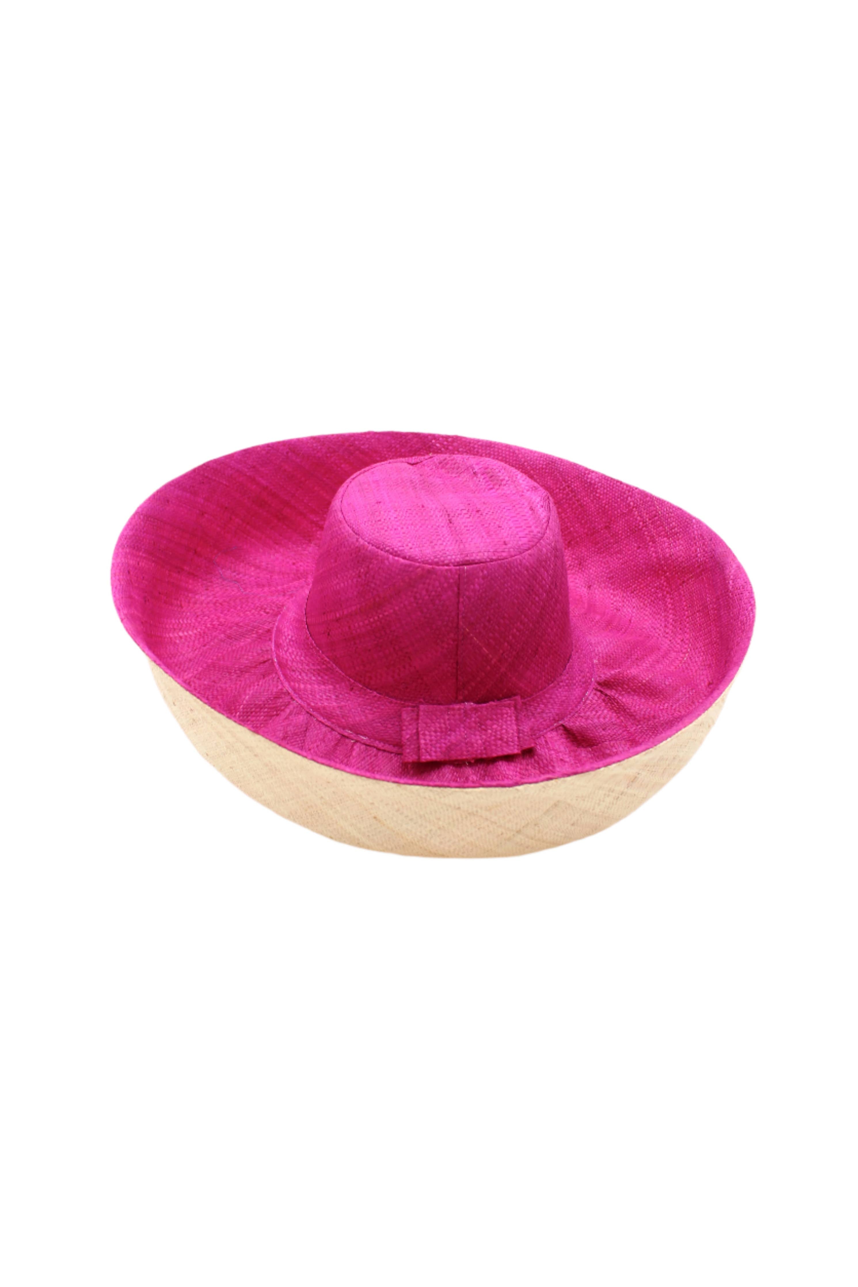 Monica 5" & 7" Wide Brim Two Tone Packable Straw Sun Hats: Fuchsia Two Tone / 7" Brim