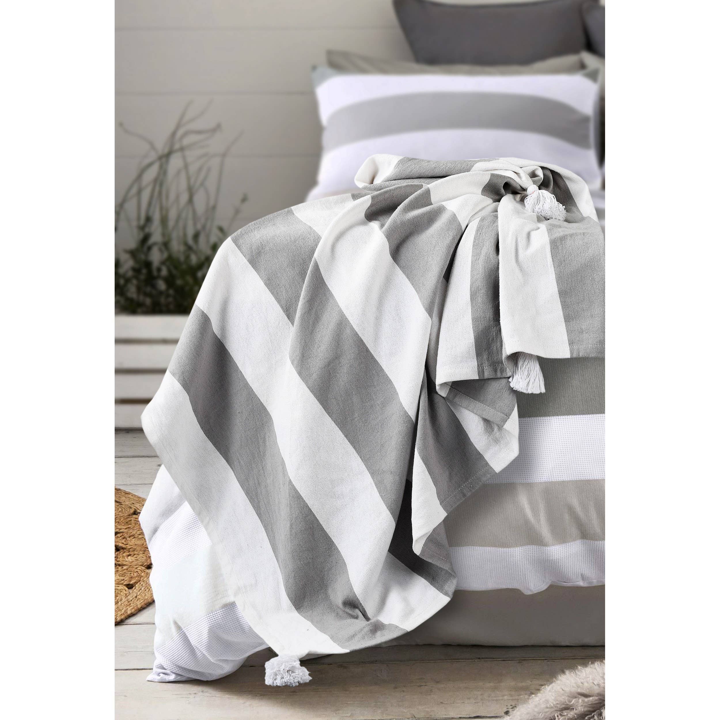 Cabana Striped Throw Blanket with Tassels: Light Gray