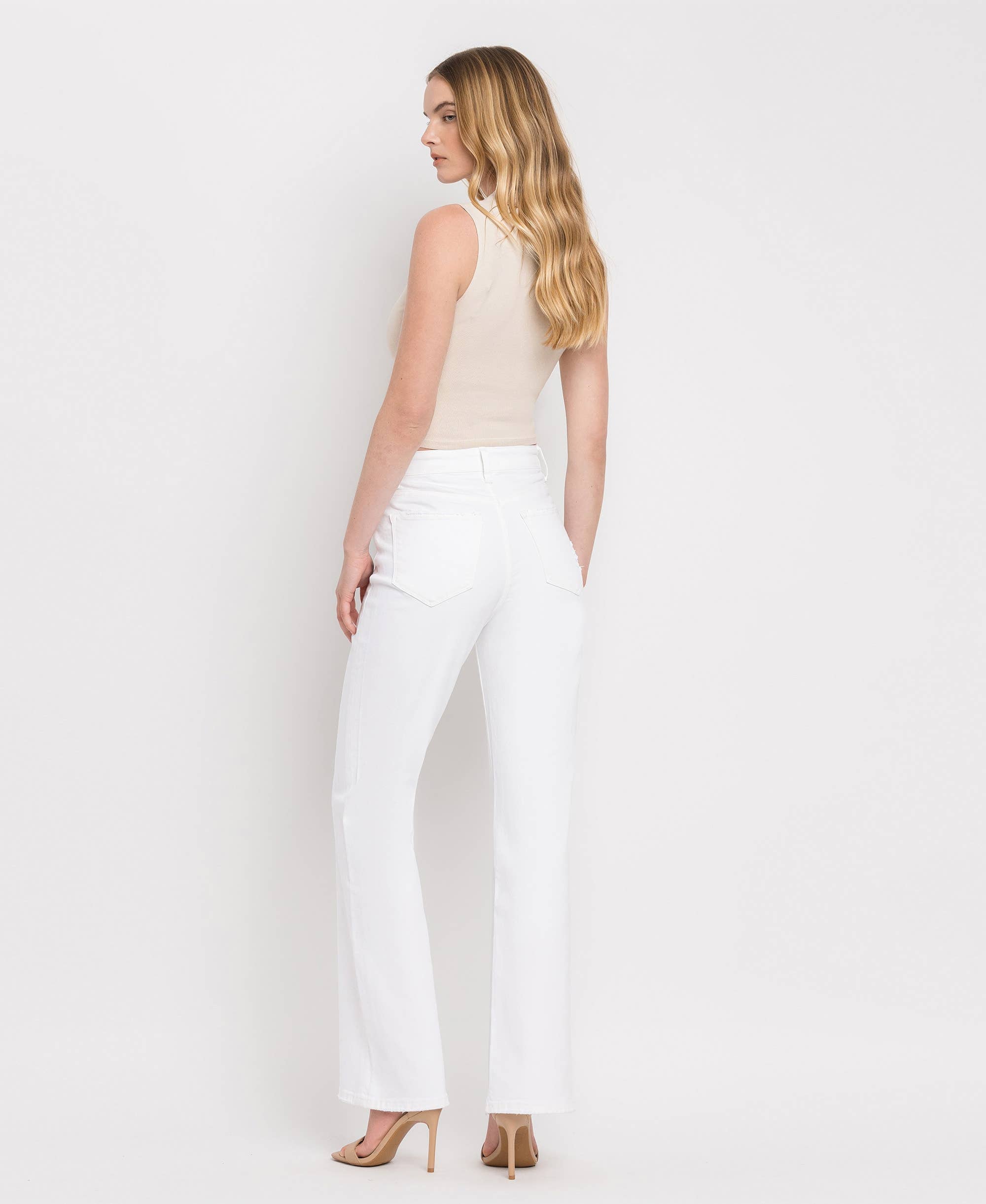 90'S VINTAGE TUMMY CONTROL SUPER HIGH FLARE JEANS V3212WH: OPTIC WHITE / 26