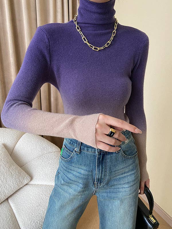Long Sleeves Skinny Gradient High-Neck Pullovers Sweater Tops: CAMEL / One_size