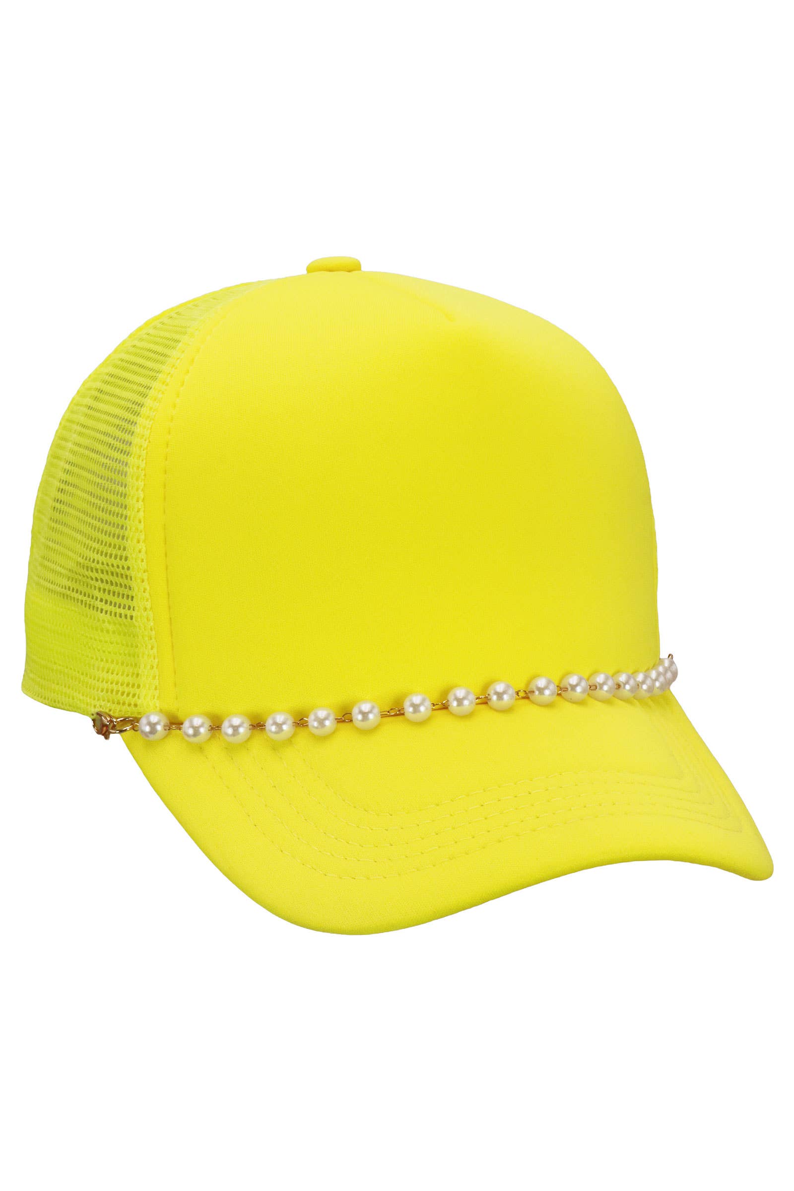 Faux Pearl Chain Foam Mesh Trucker Hat: WHITE/HOT PINK / ONE SIZE