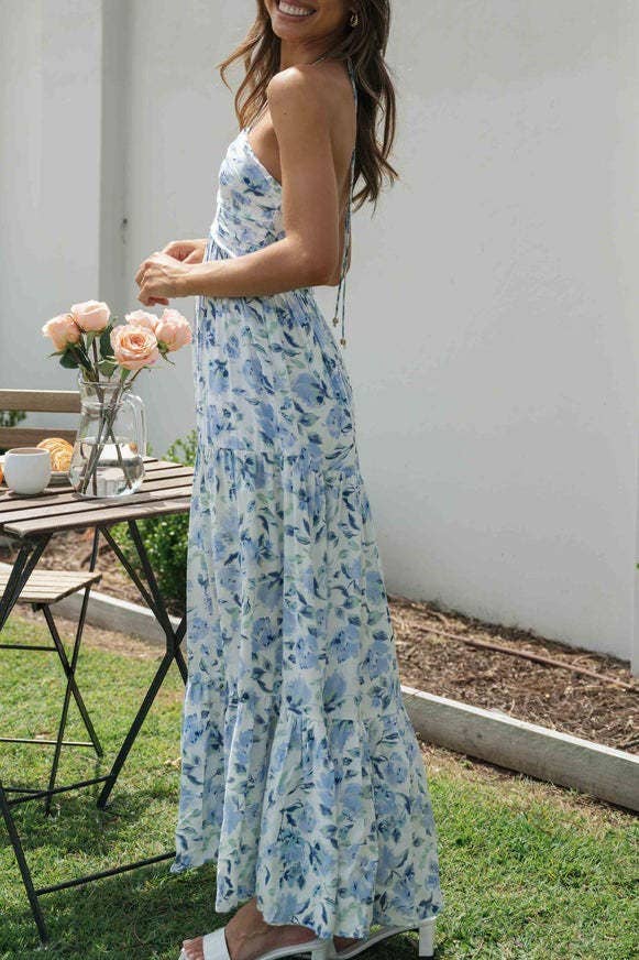 Plunge halter backless floral swing maxi sun dress: Orange / S