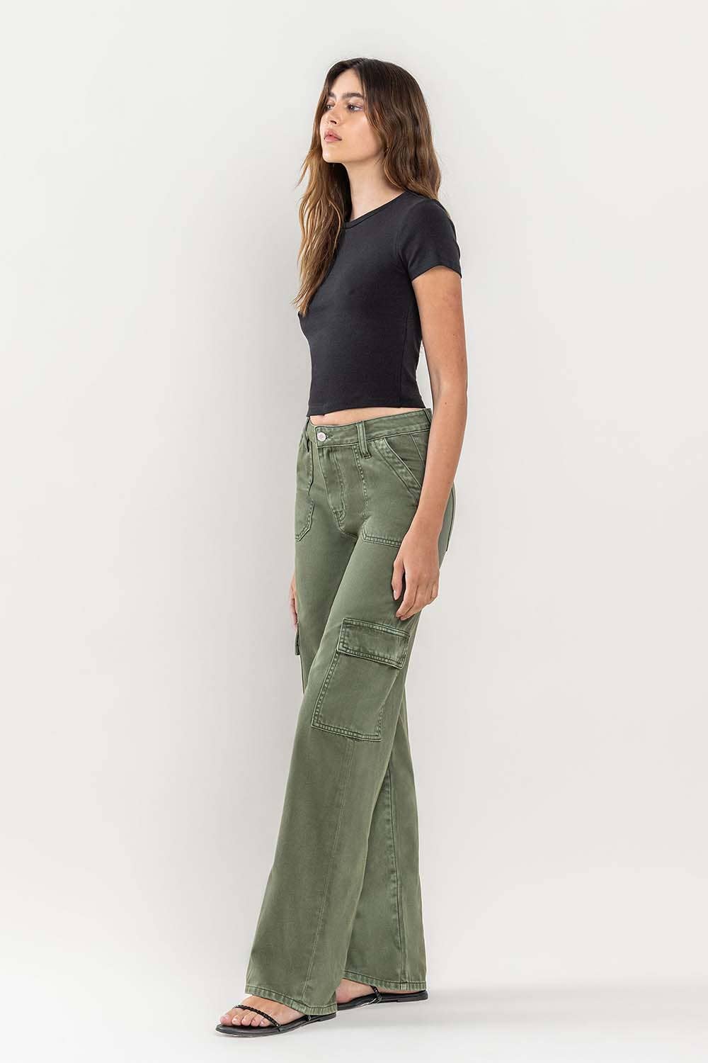 HIGH RISE UTILITY CARGO WIDE JEANS T5823TY: THYME / 29
