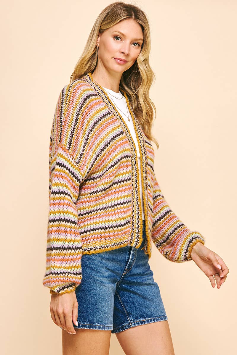 STRIPE OPEN STYLE CARDIGAN - MUSTARD STRIPE: ML