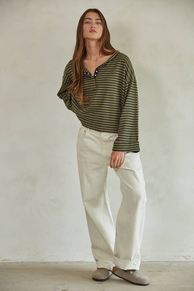 RJ3371 | Knit Striped Round Neck Long Sleeve Pullover Top: Olive Black / M
