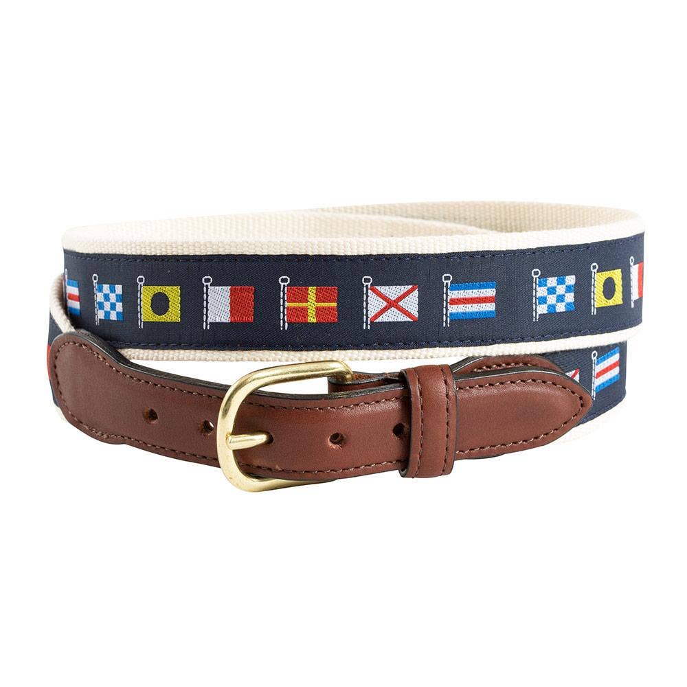 Nautical Flags Motif Leather Tab Belt: Tan Leather Tabs / 38"