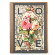 Beautiful Vintage Valentine; LOVE with flowers over lace