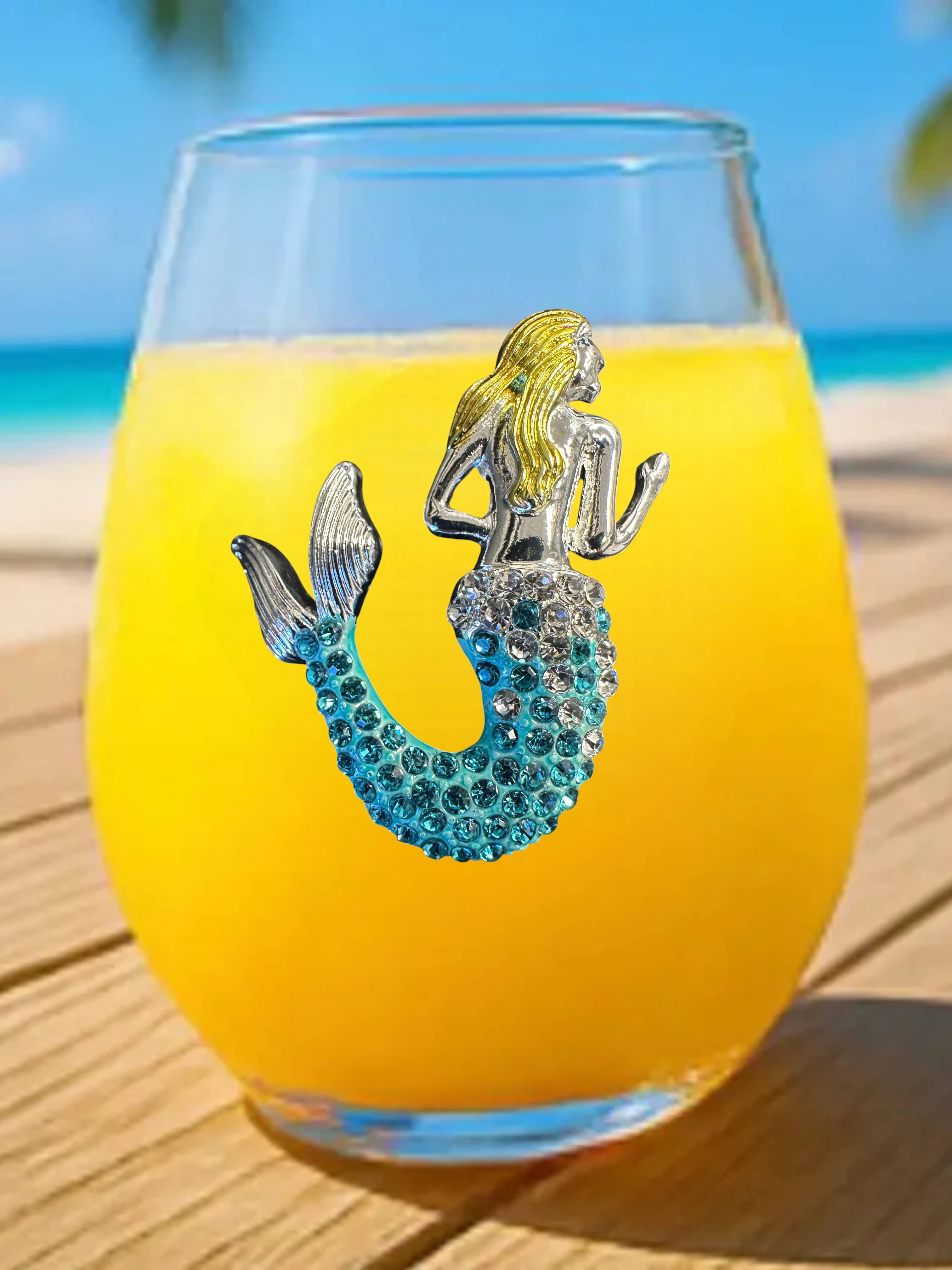 Aurora Borealis Mermaid Jeweled Stemless Wine Glass