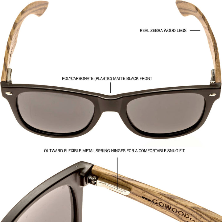Zebra Wood Sunglasses with Black Polarized Lenses