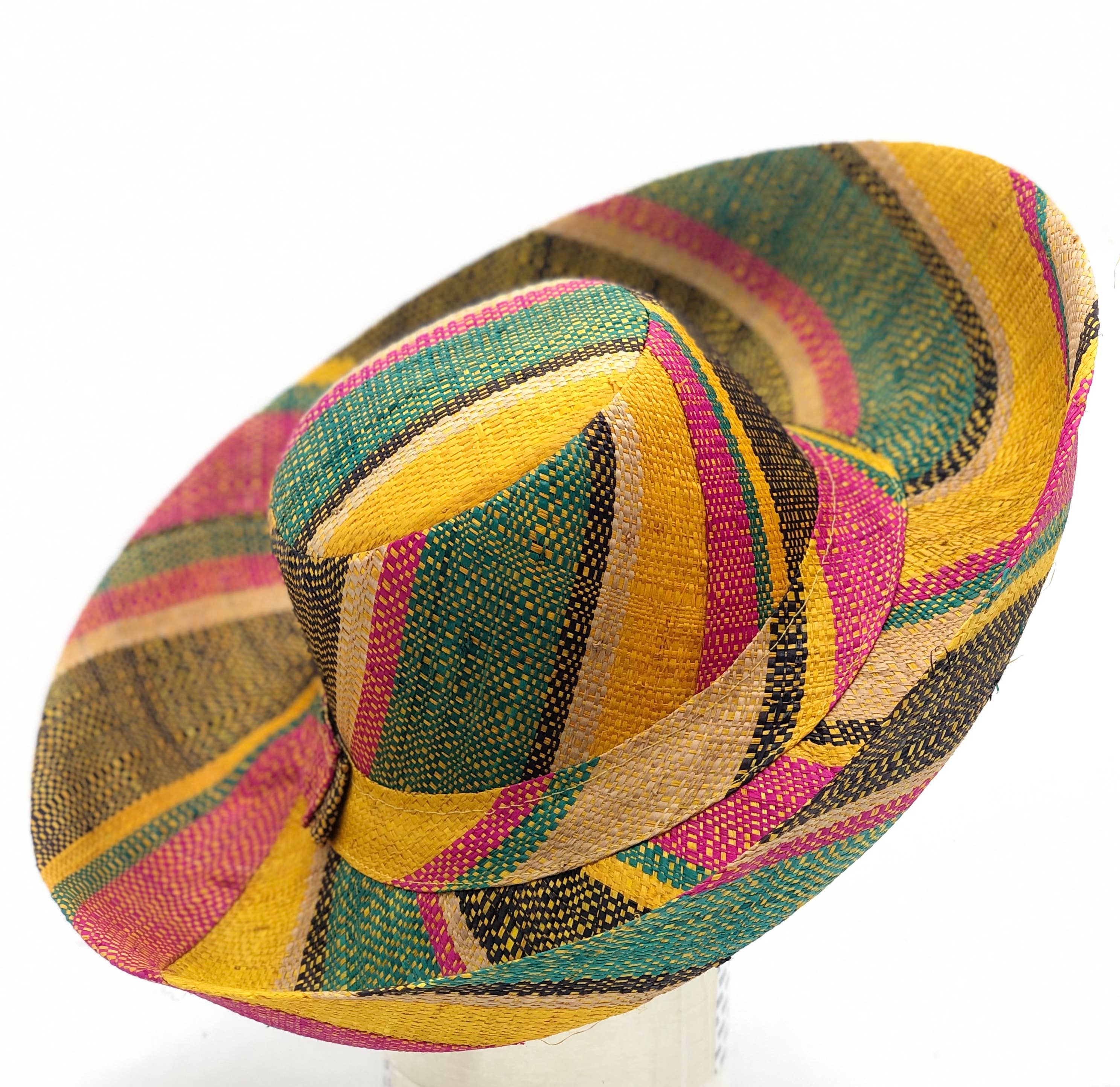 Sun Hats: Colored Stripes Packable 5" & 7" Brim Raffia Straw: 7"Brim / Black Swirl