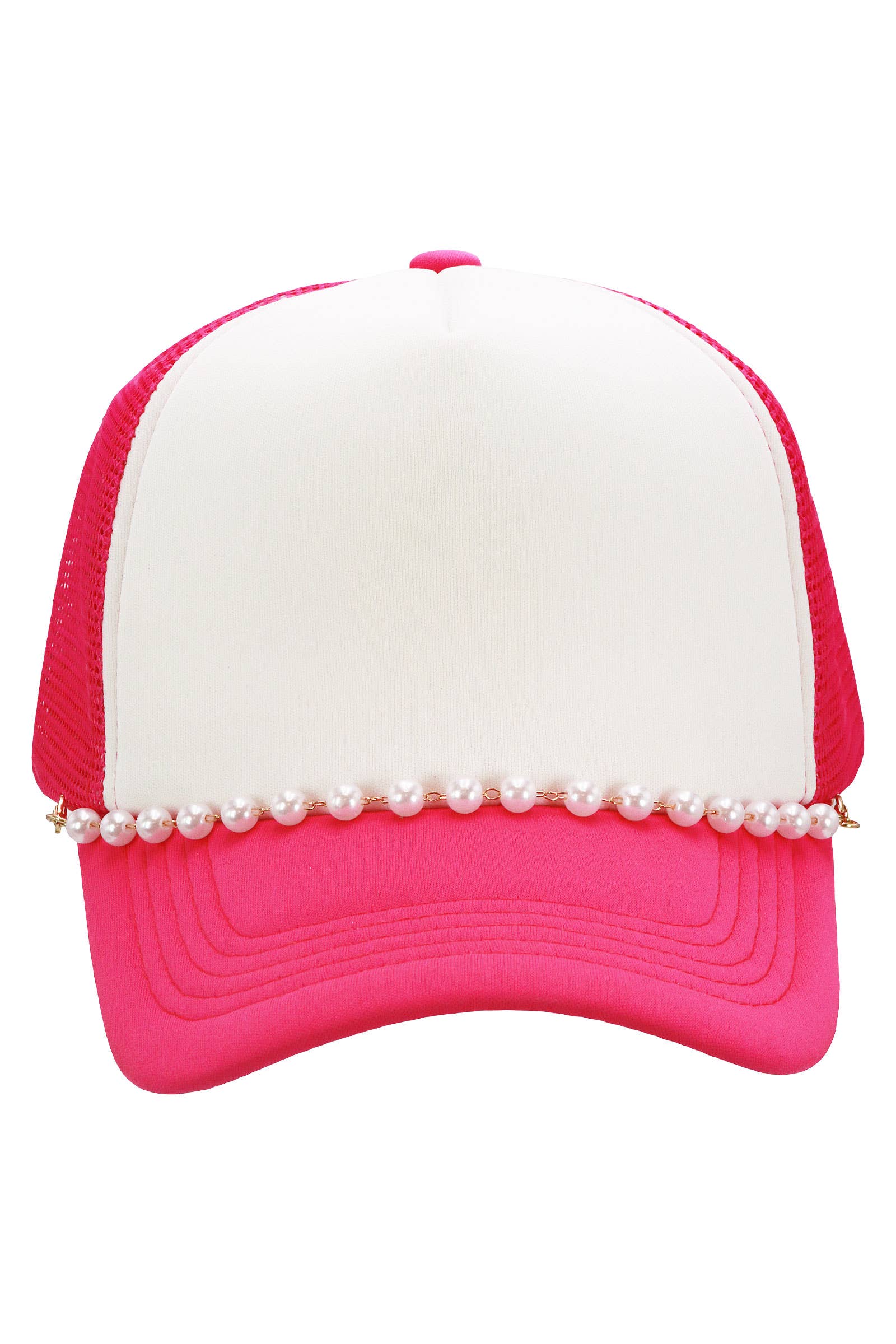 Faux Pearl Chain Foam Mesh Trucker Hat: WHITE/HOT PINK / ONE SIZE