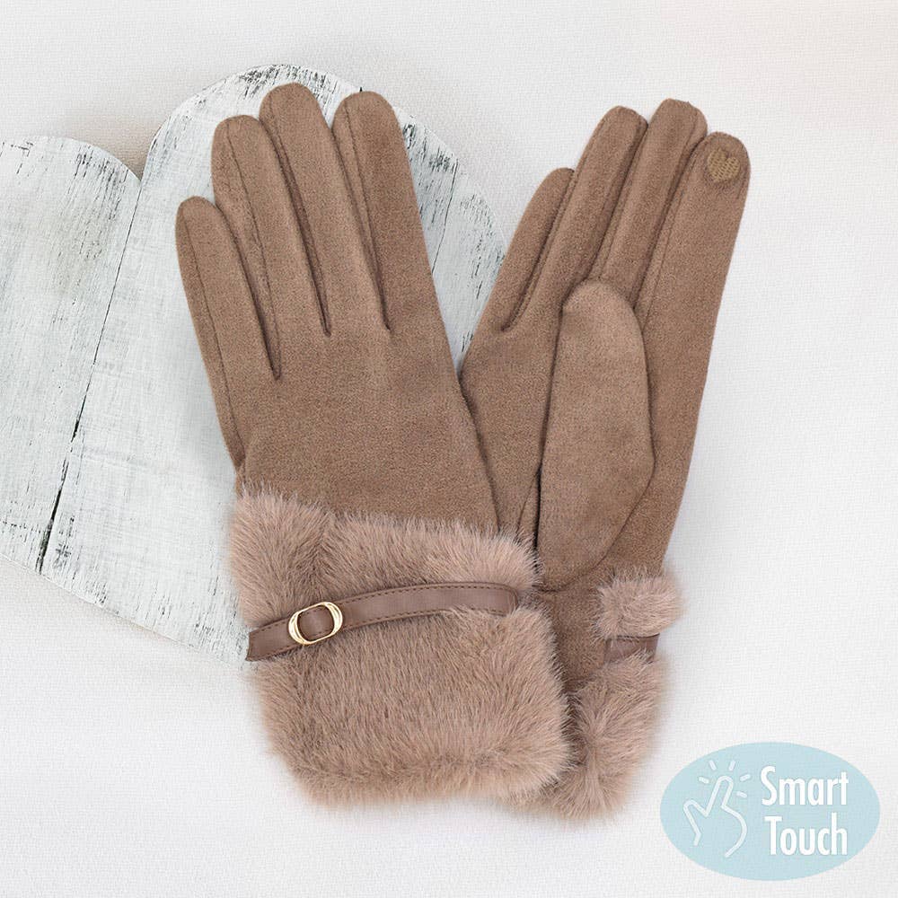 Faux Fur And Strap Cuff Smart Touch Gloves: Taupe