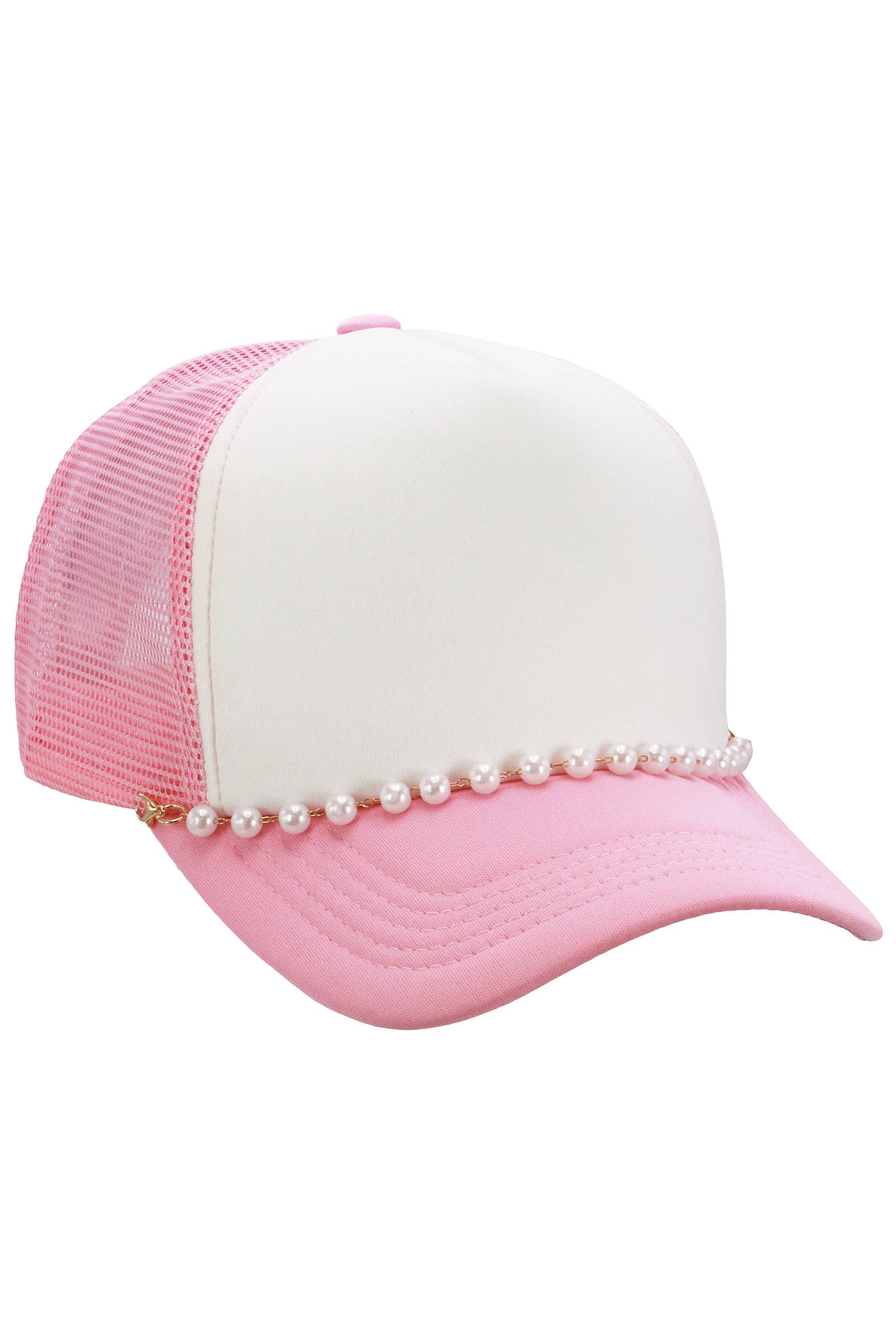 Faux Pearl Chain Foam Mesh Trucker Hat: WHITE/HOT PINK / ONE SIZE