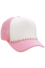 Faux Pearl Chain Foam Mesh Trucker Hat: WHITE/PINK / ONE SIZE