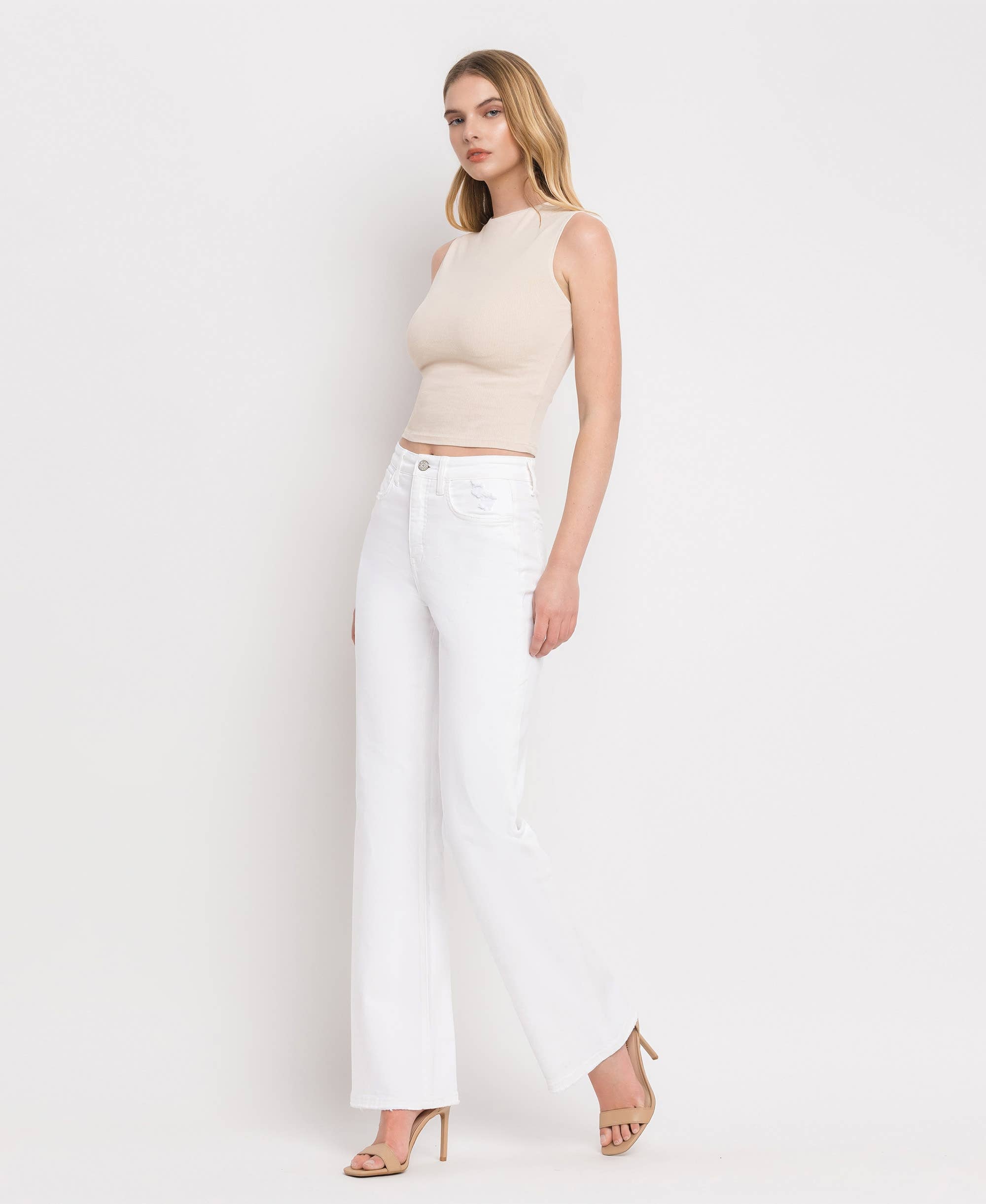 90'S VINTAGE TUMMY CONTROL SUPER HIGH FLARE JEANS V3212WH: OPTIC WHITE / 26