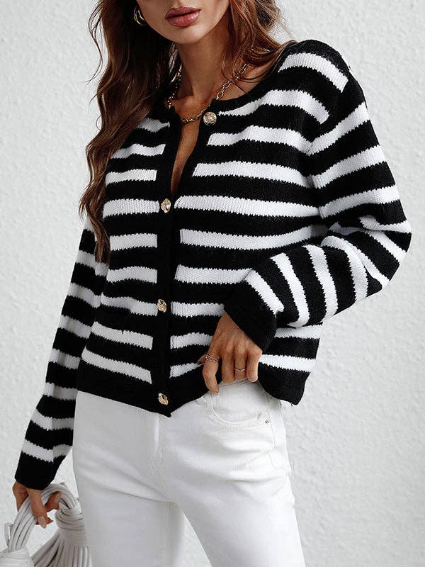 Long Sleeves Loose Buttoned Pockets Striped Round-Neck Cardigan Tops: BLACK / L