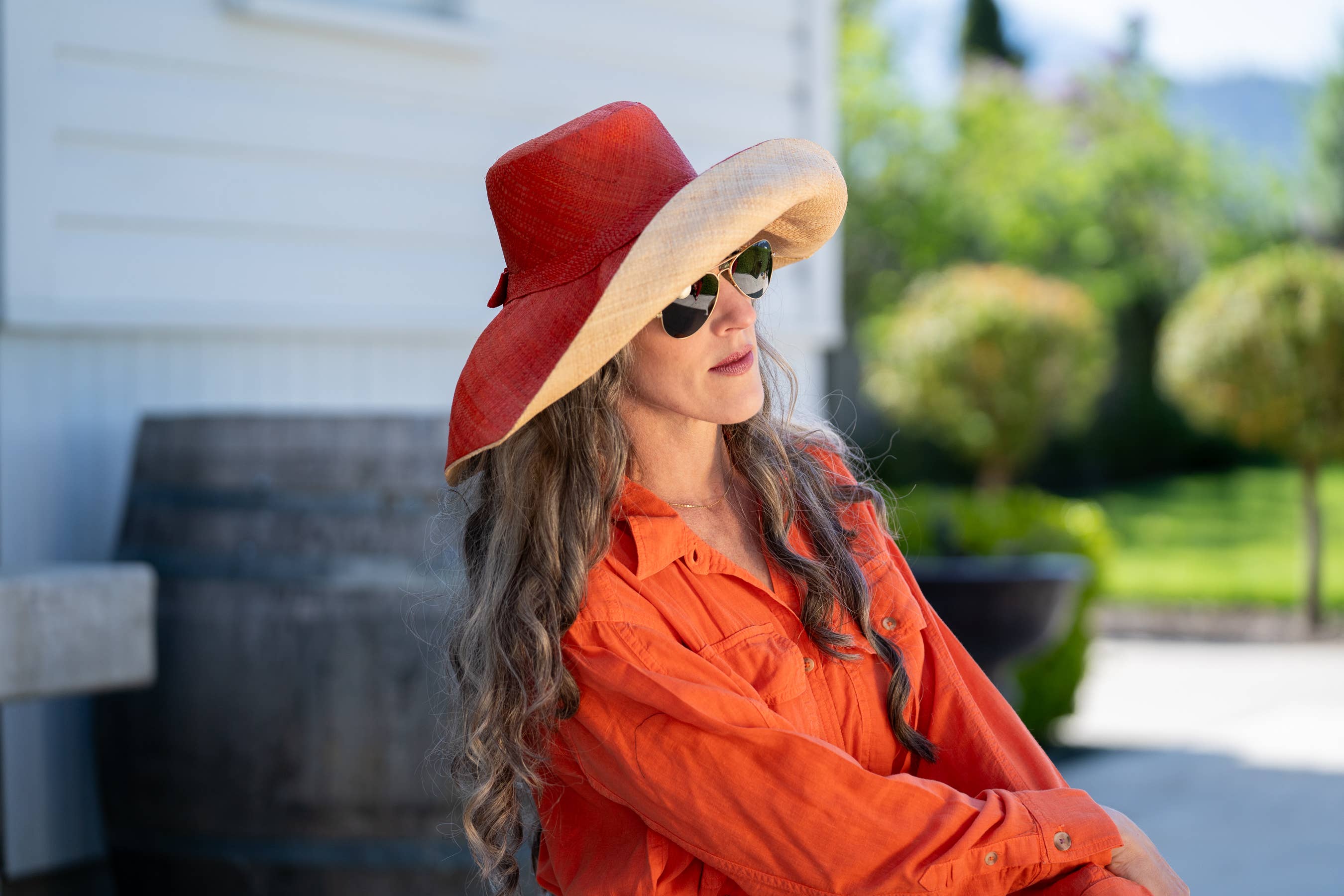 Monica 5" & 7" Wide Brim Two Tone Packable Straw Sun Hats: Tobacco Two Tone / 7" Brim