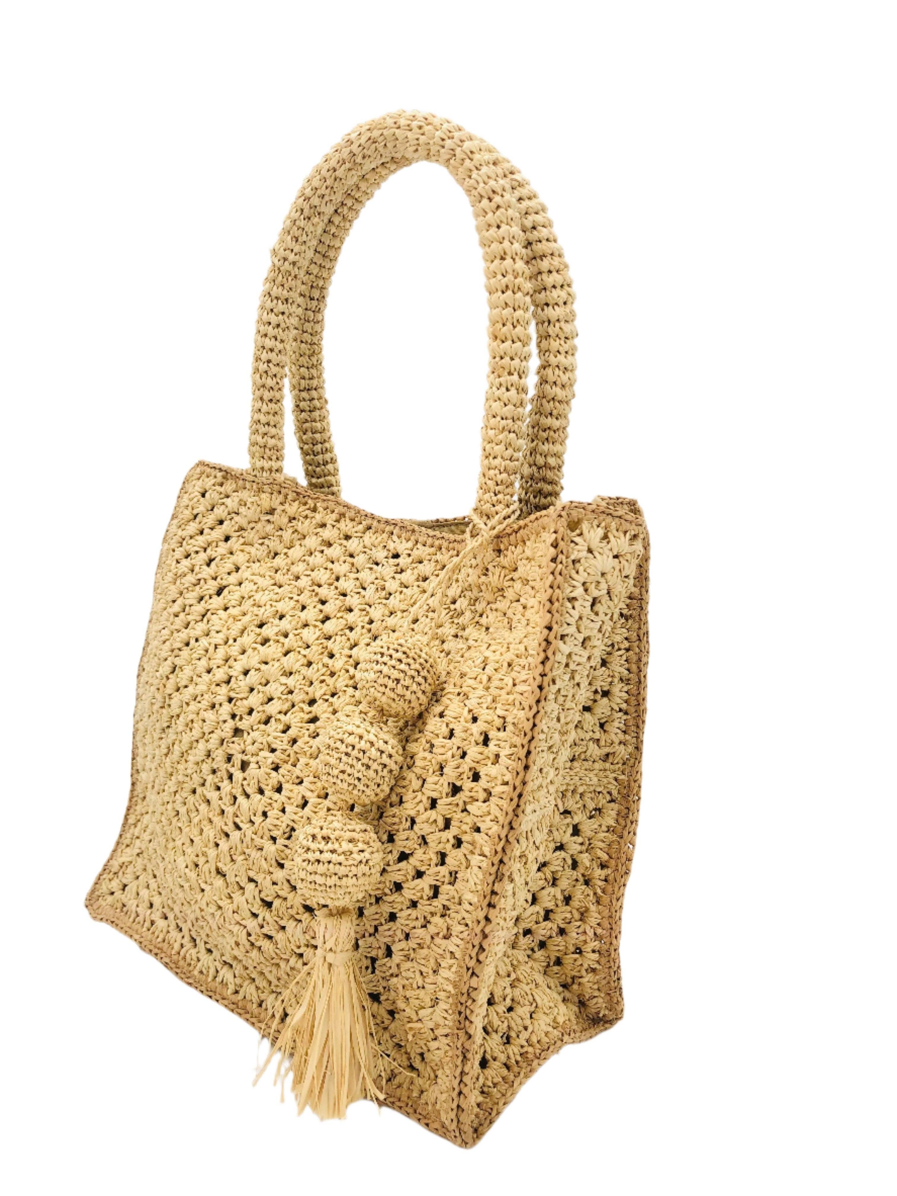 Kimba Crochet Straw Handbag + Sphere Charm Embellishment: Black Trim