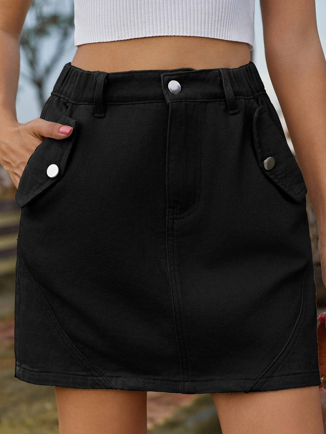 Elastic waist colored high rise cargo denim mini skirt: Beige / M