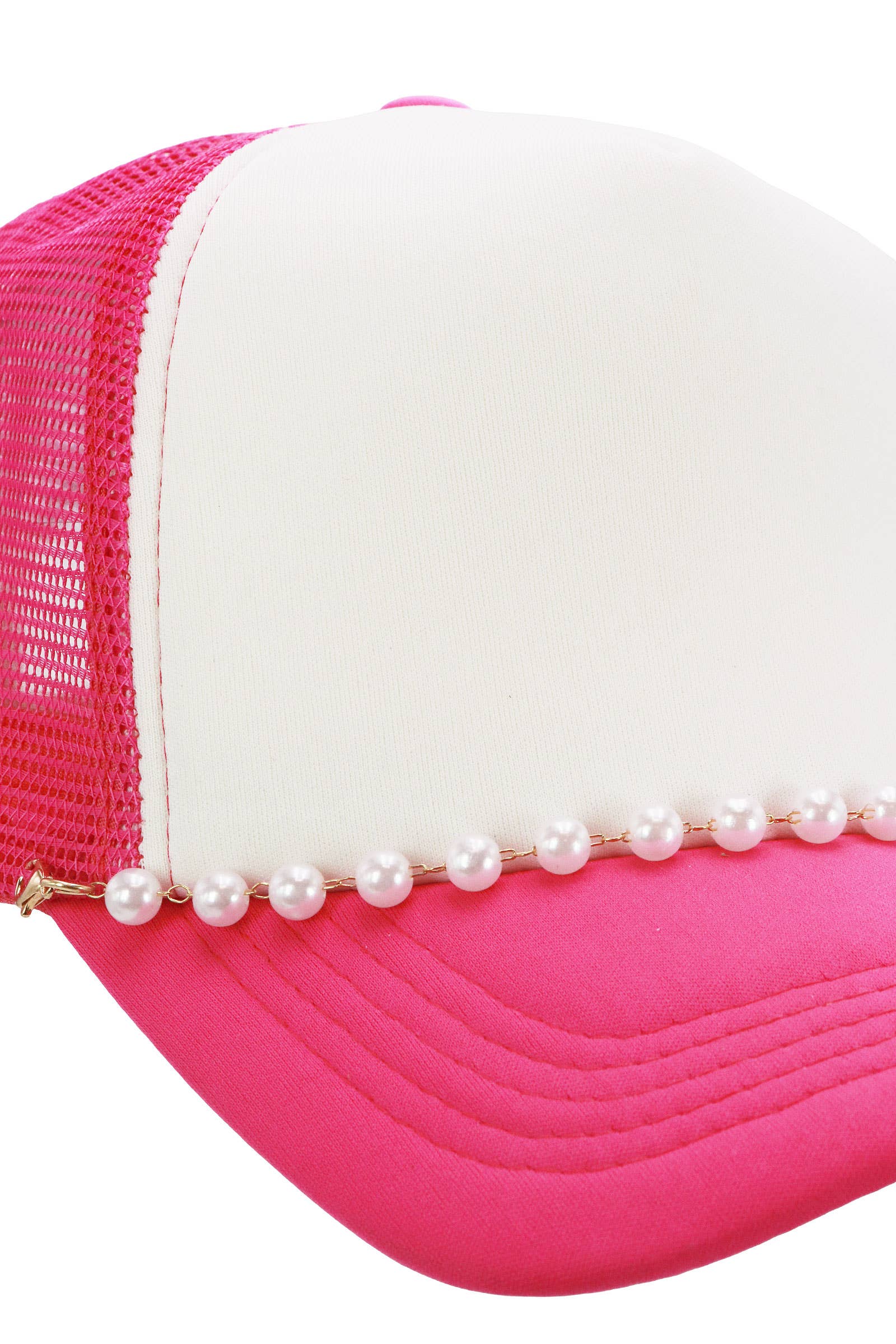 Faux Pearl Chain Foam Mesh Trucker Hat: WHITE/HOT PINK / ONE SIZE