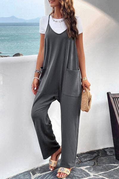 Pocketed Spaghetti Strap Overalls: Black / L