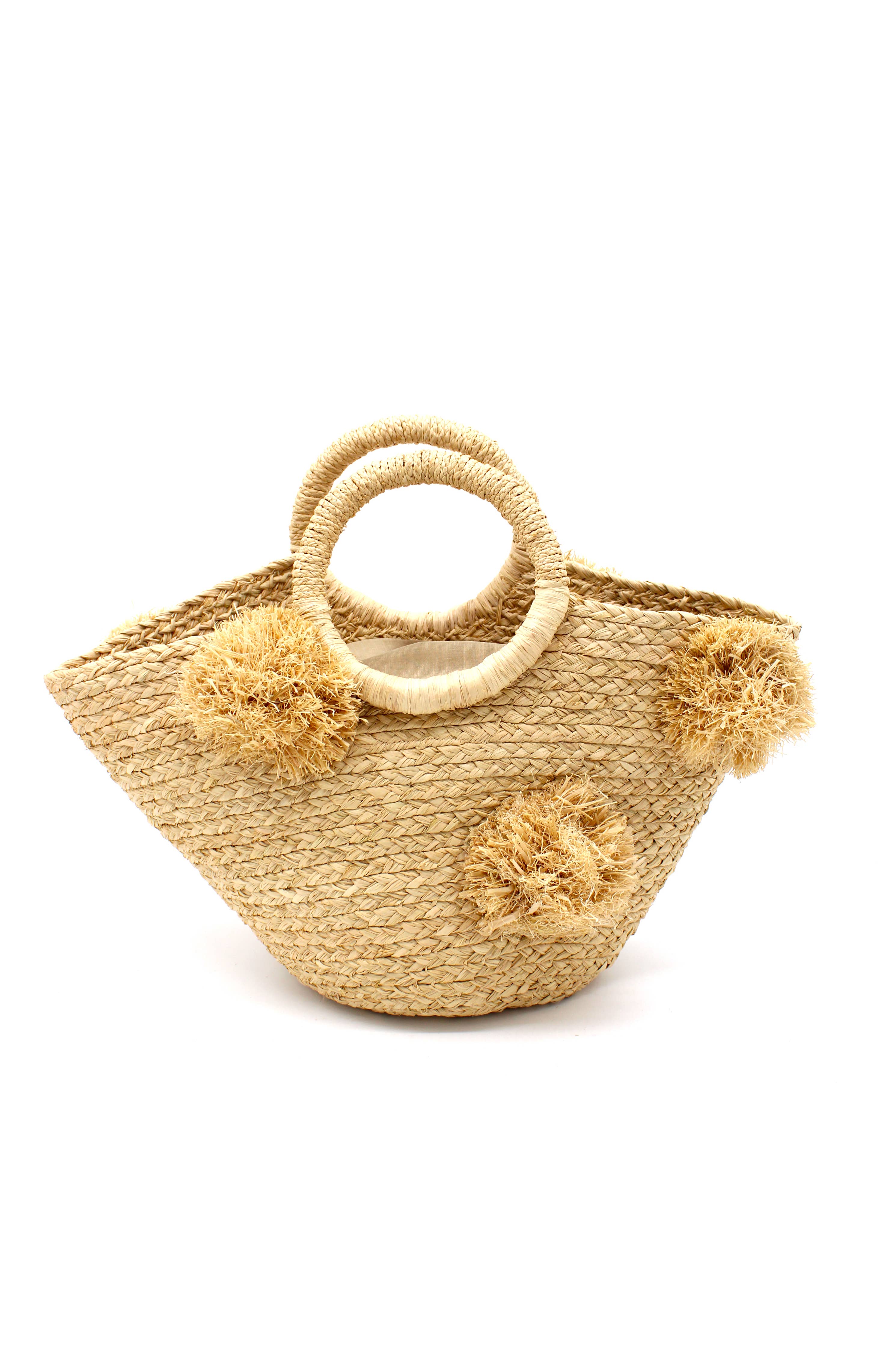 Phi Phi Braided Straw Basket with Oversized Raffia Poufs: Natural