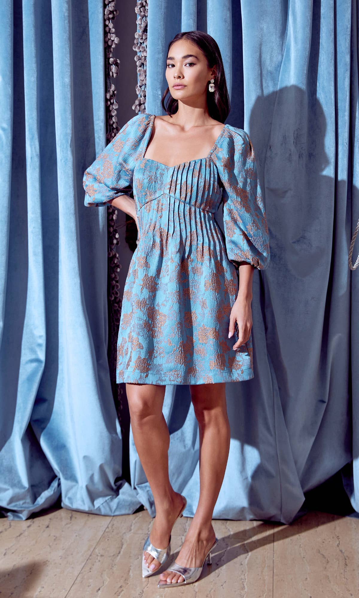 Ellie Pintucked Jacquard Dress: X-Small / BLUE-COPPER