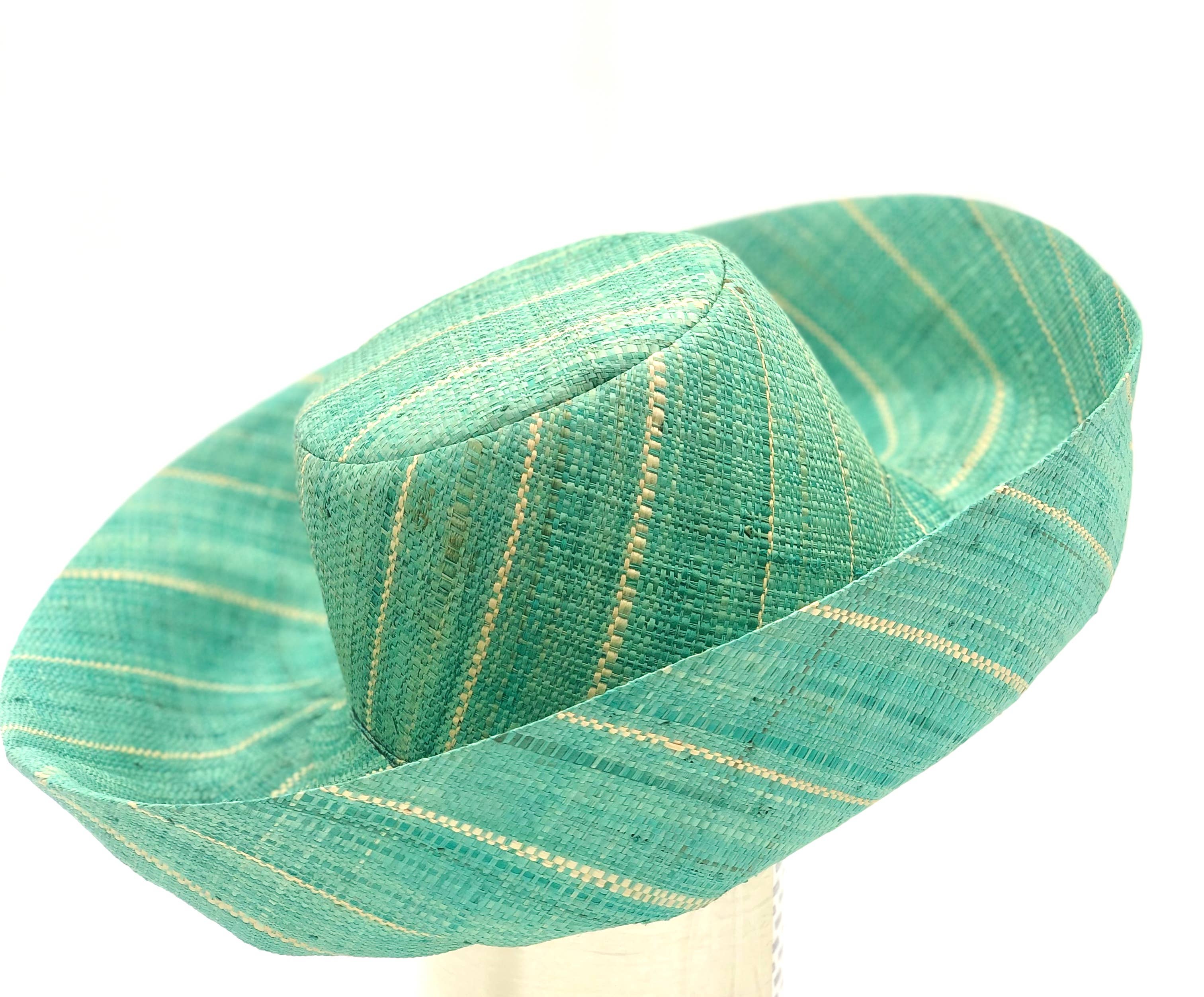 Sun Hats: Pinstripe Packable 5" & 7" Brim Raffia Straw: 7" Brim / Black Pinstripes