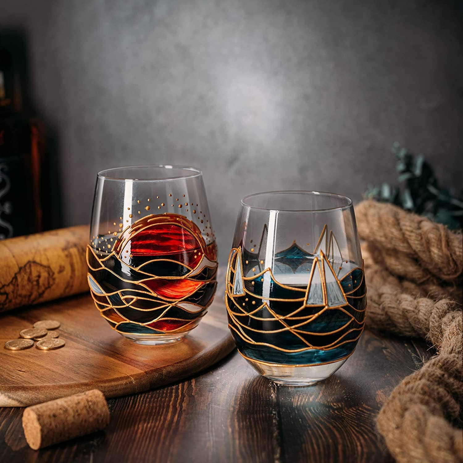 Sailboat Sunrise Artisanal Hand Painted Stemless - Set of 2