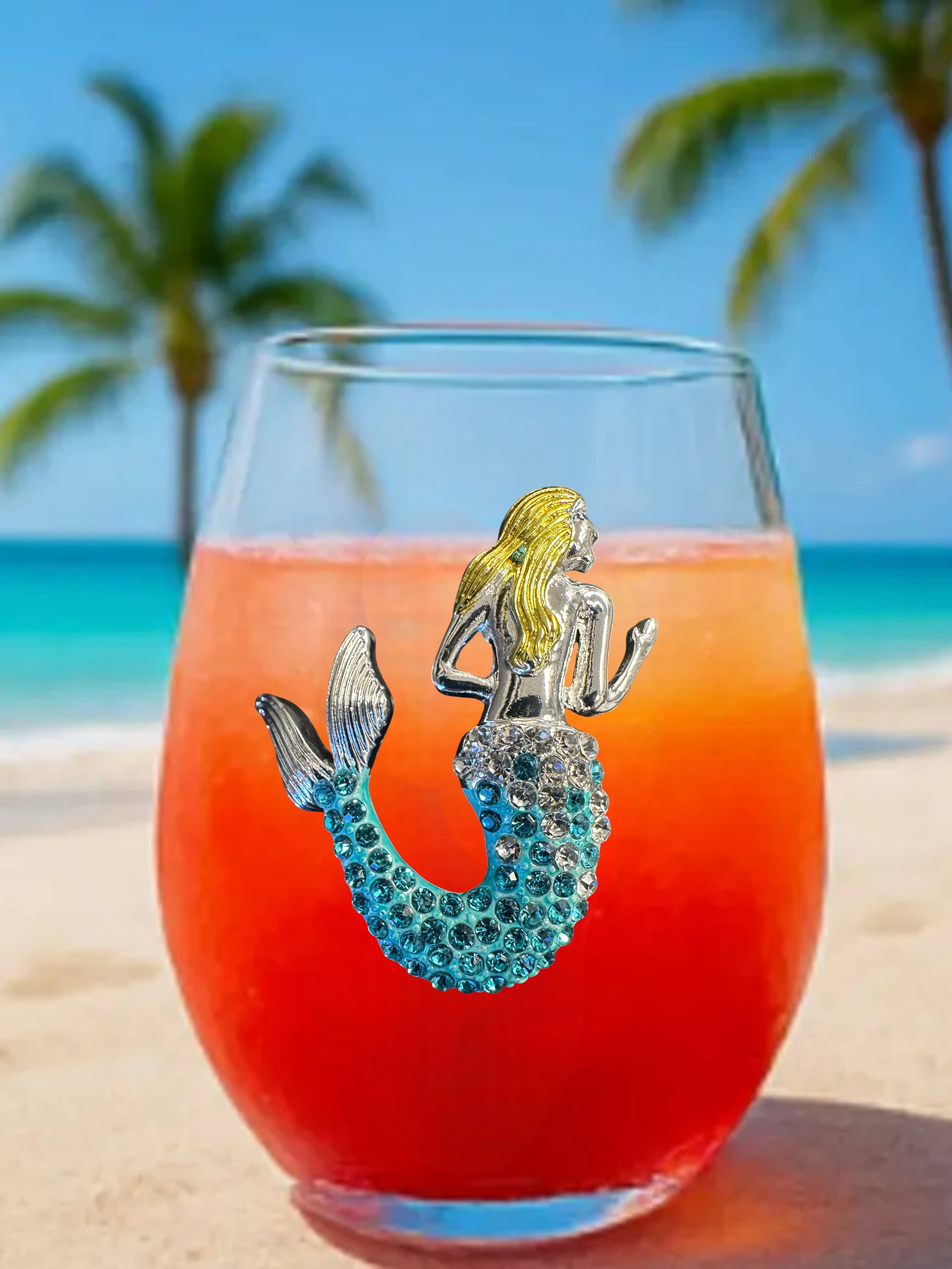 Aurora Borealis Mermaid Jeweled Stemless Wine Glass