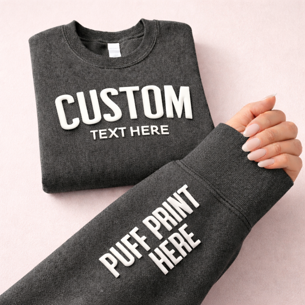 CUSTOM Wrist Sleeve & Front Puff Print Unisex Sweatshirt: Black / White / 2XL