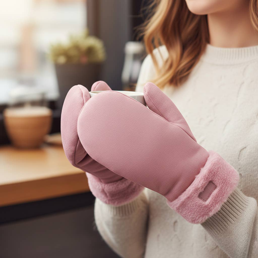Faux Fur Cuff Fleece Lined Mittens: Pink
