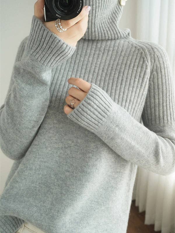 Casual Long Sleeves Loose Solid Color High-Neck Sweater Tops: GRAY / M