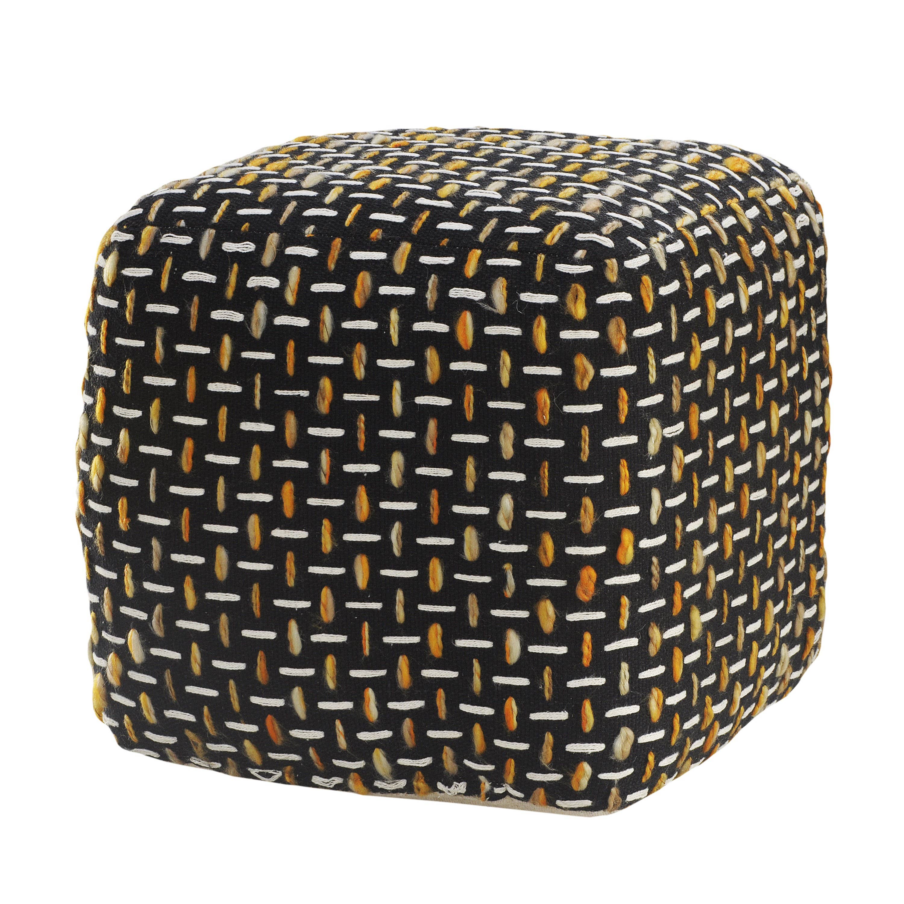Modern Interwoven Geometric Pouf: Black/White/Blue