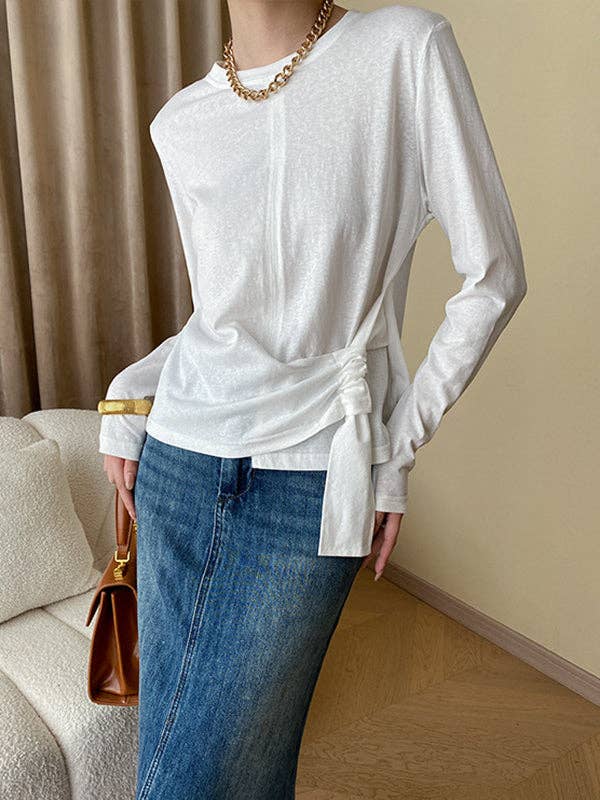 Long Sleeves Asymmetric Bowknot Solid Color Round-Neck T-Shirts Tops: COFFEE / One_size