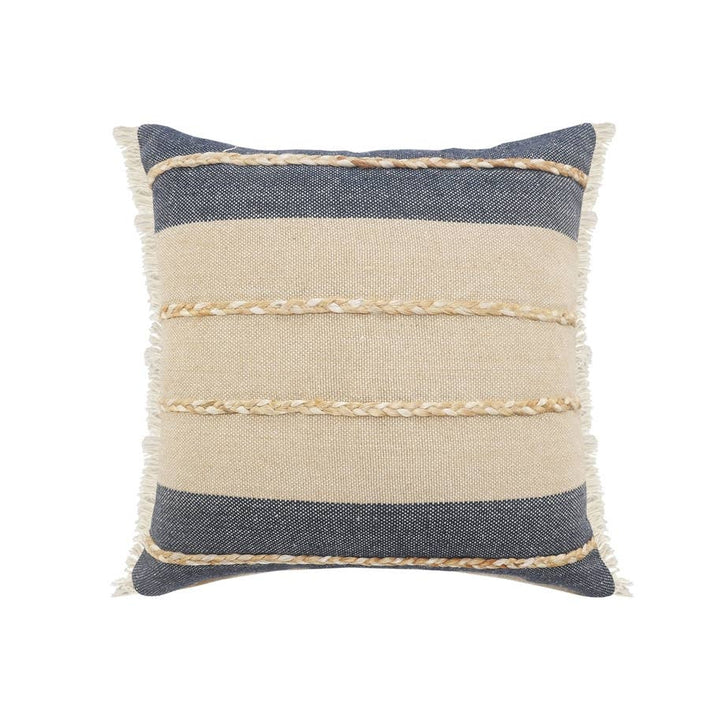 Atlantis Denim Blue and Taupe Throw Pillow with Jute: 20" x 20" / Poly Filled