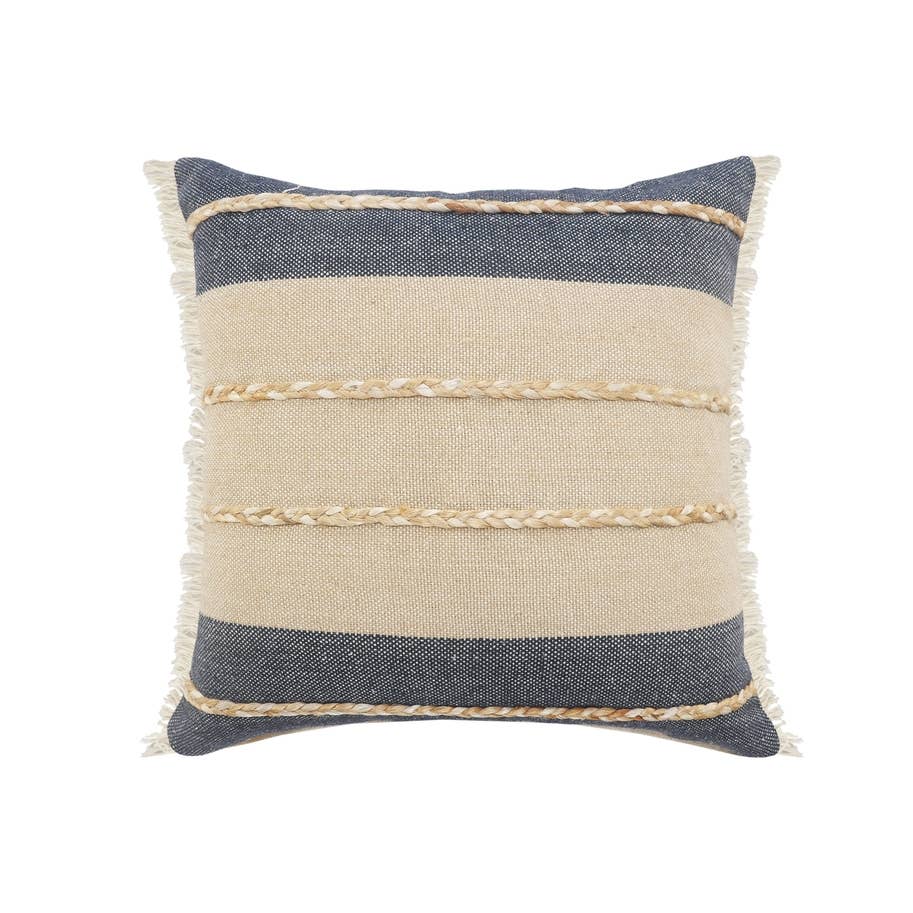 Atlantis Denim Blue and Taupe Throw Pillow with Jute: 20" x 20" / Poly Filled
