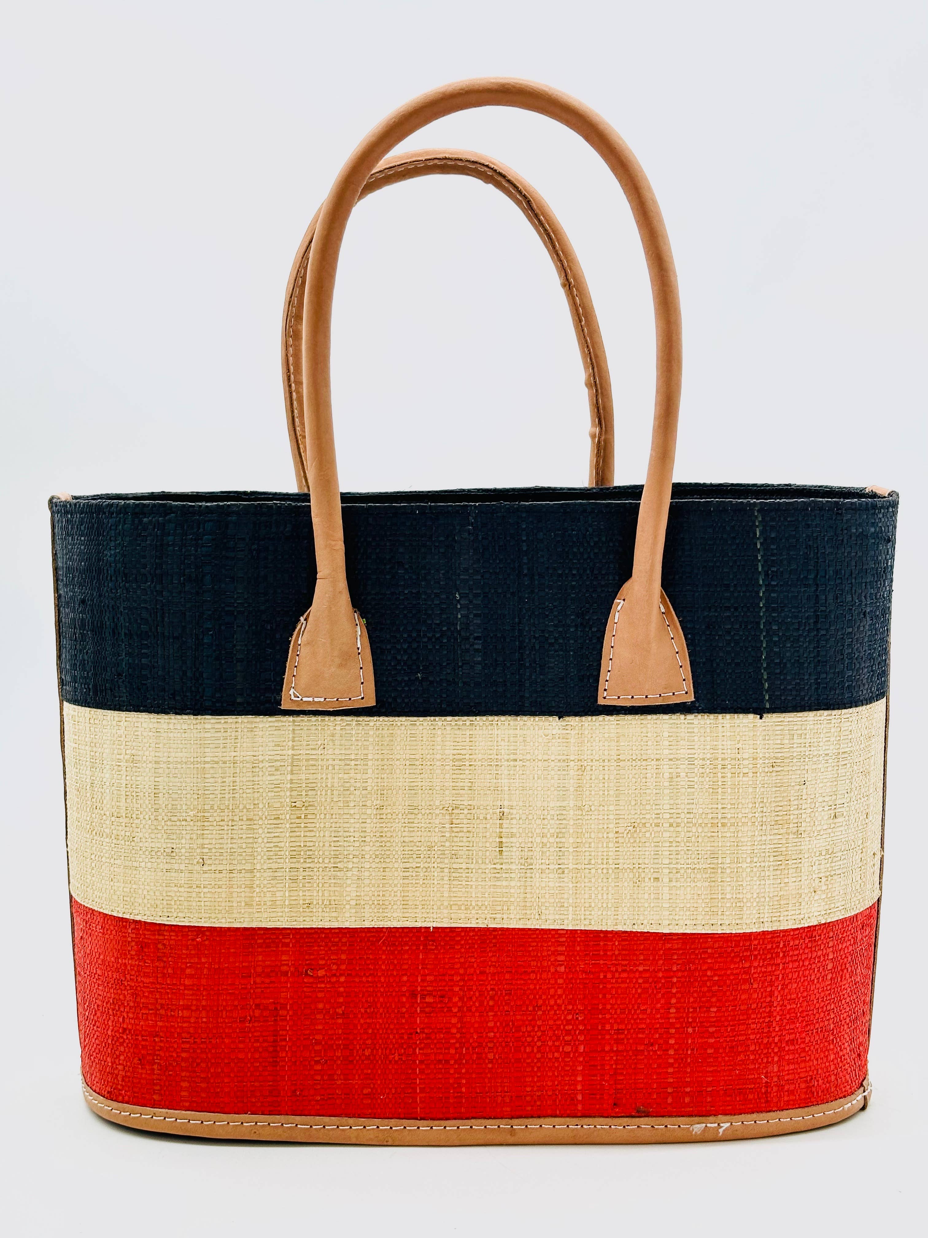 Santorini Color Block Straw Basket Bag Handbag: Small / Tobacco & Black