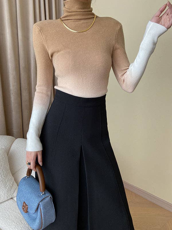Long Sleeves Skinny Gradient High-Neck Pullovers Sweater Tops: CAMEL / One_size