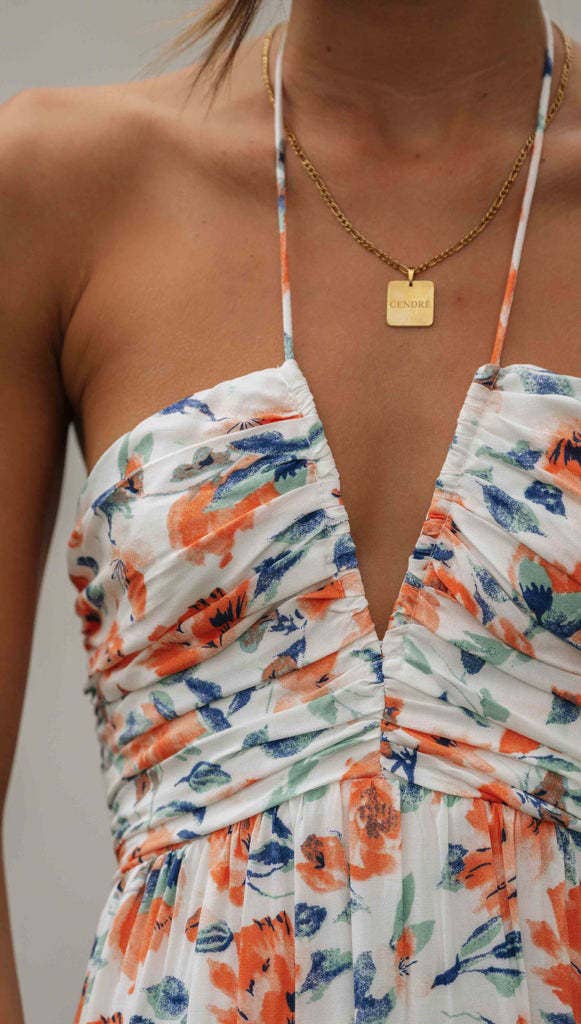 Plunge halter backless floral swing maxi sun dress: Orange / L