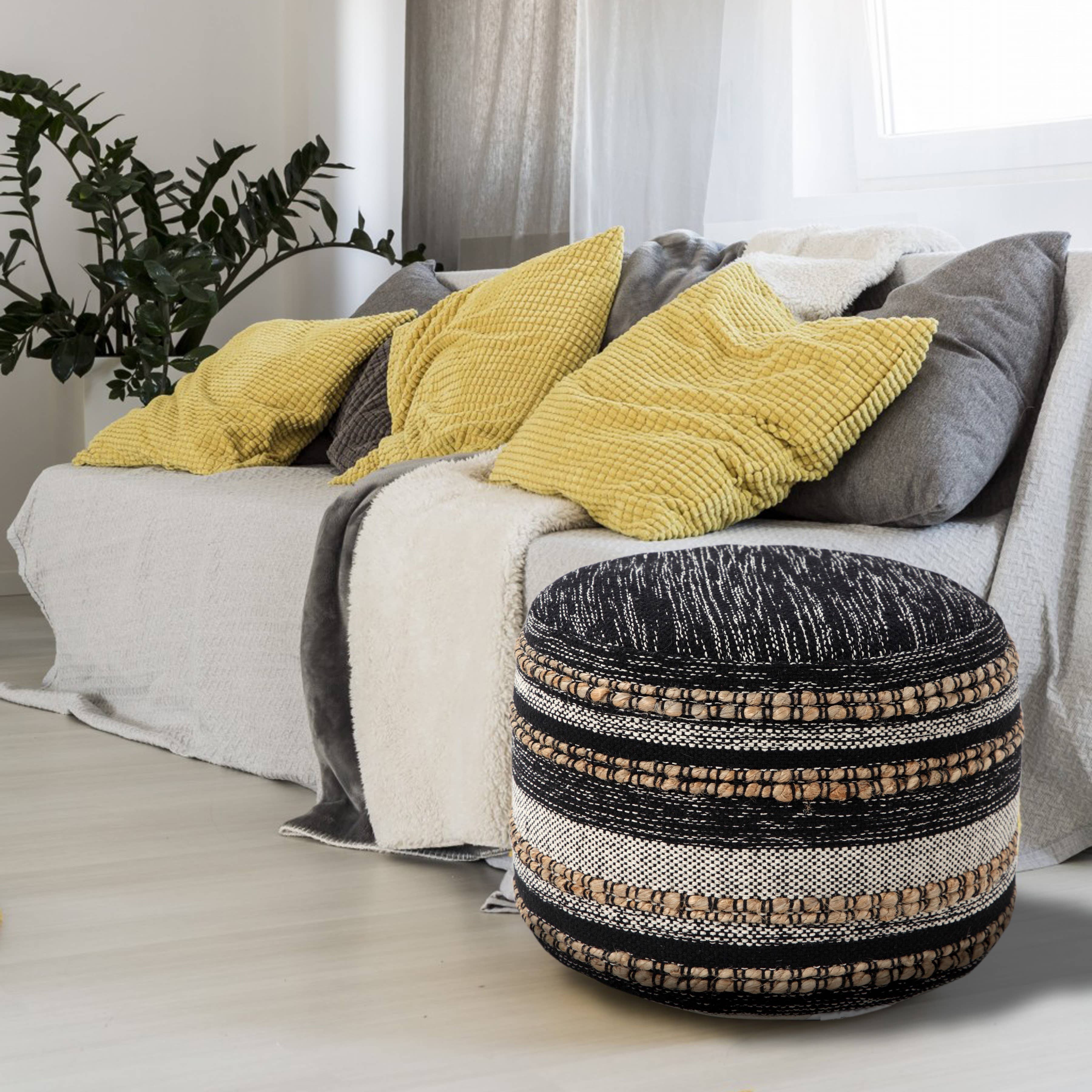 Modern Boho Striped Jute Pouf Ottoman: Black/White/Tan