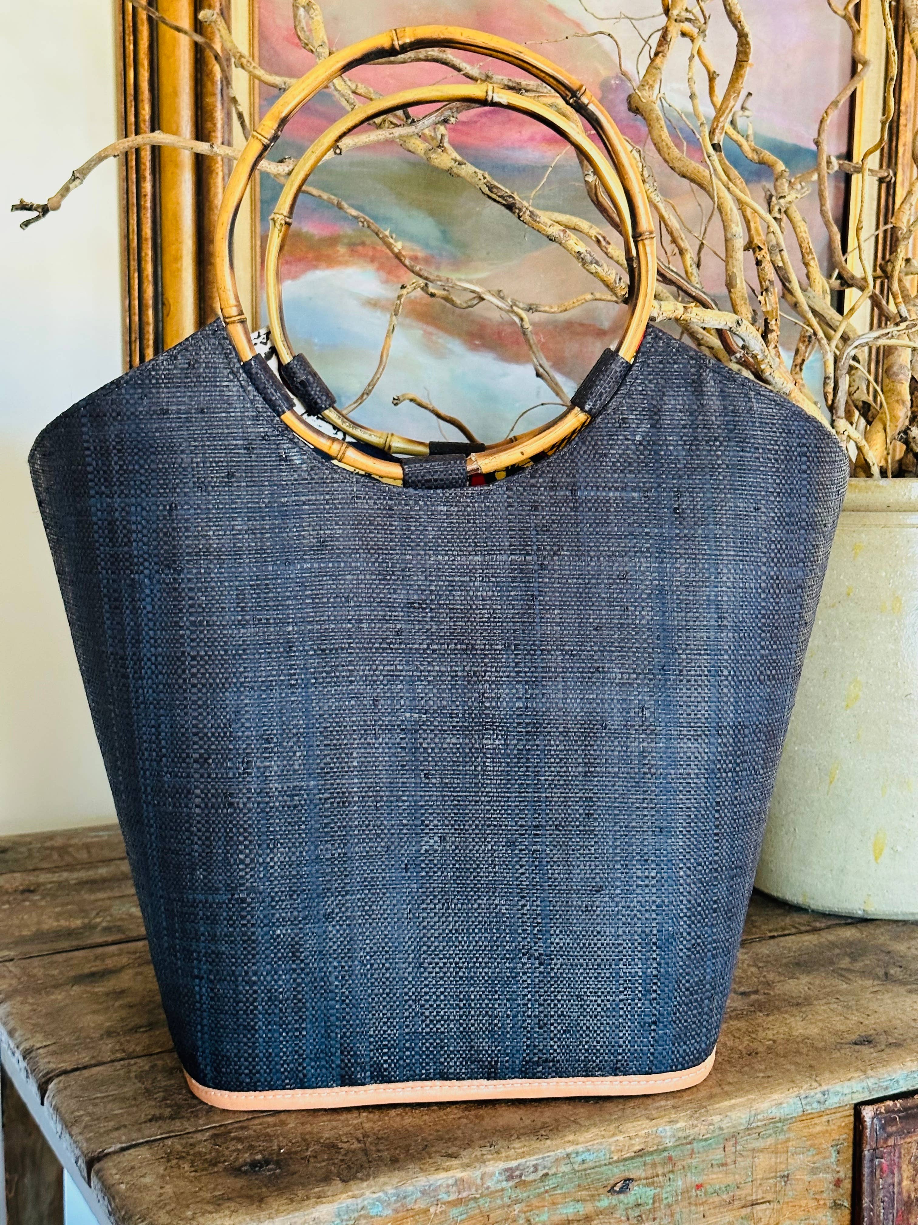 Carmen Straw Bucket Bag with Bamboo Handles: Denim