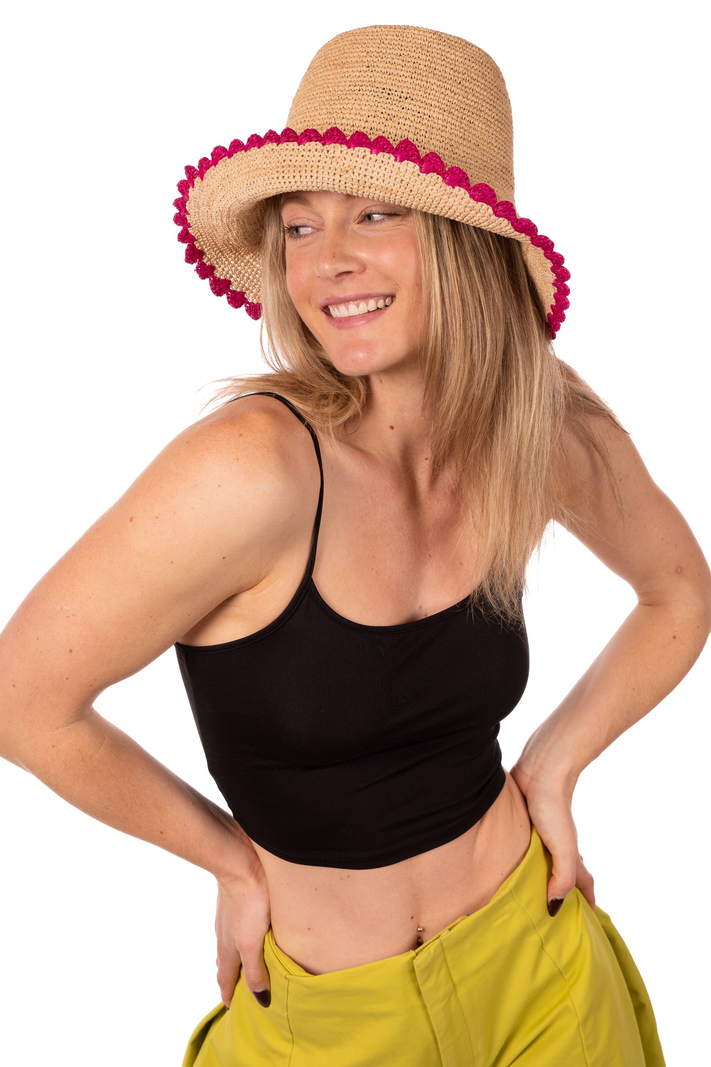 Kate 3" Brim Crochet Bucket Straw Hats with Colored Edge: Fuchsia