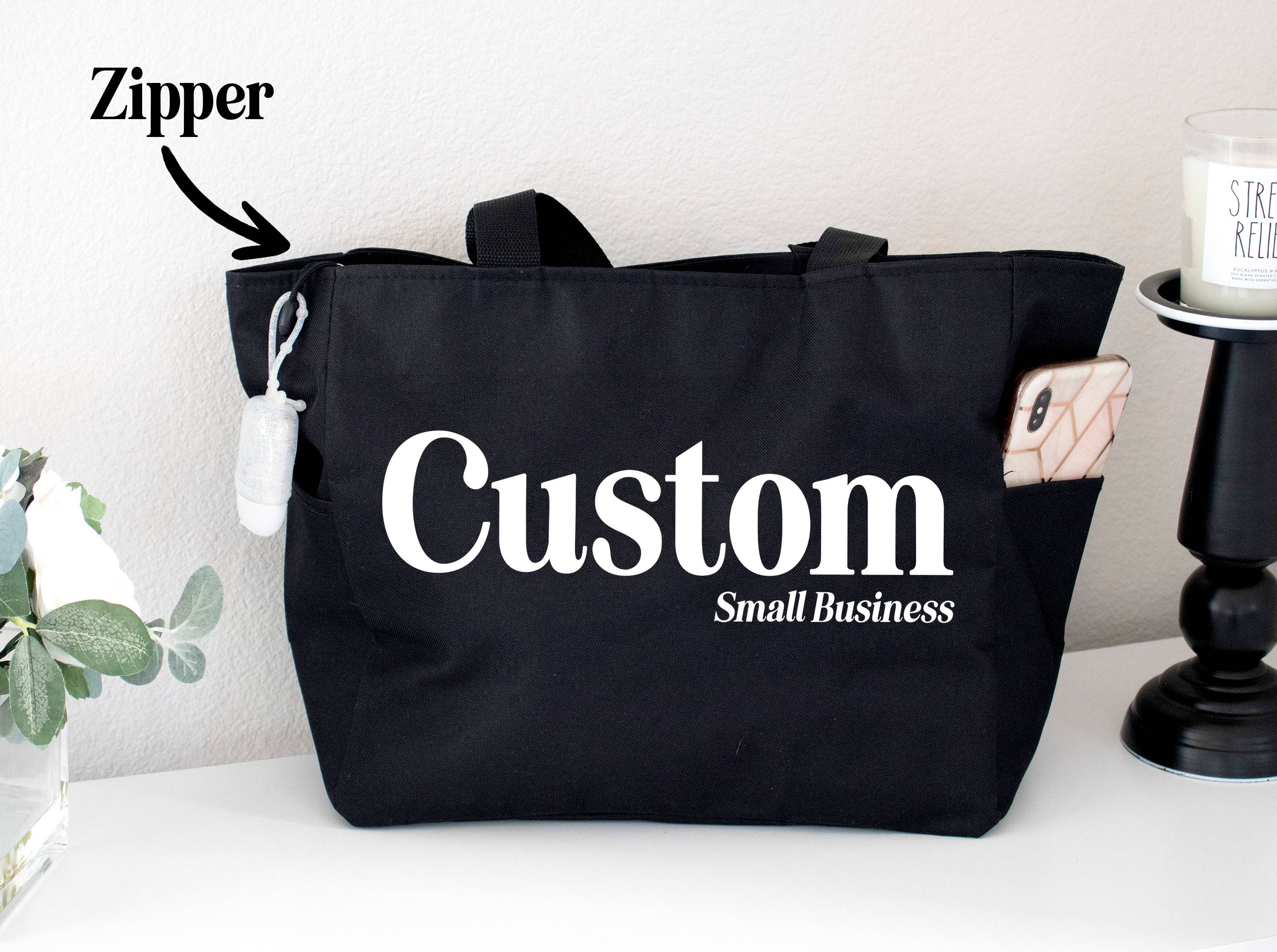 CUSTOM Small Business Tote Bag with Zipper and Side Pockets: Black