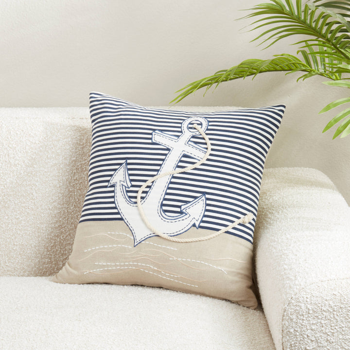 Coastal Embroidered Anchor Pillow: Multi / Poly Filled / 18"