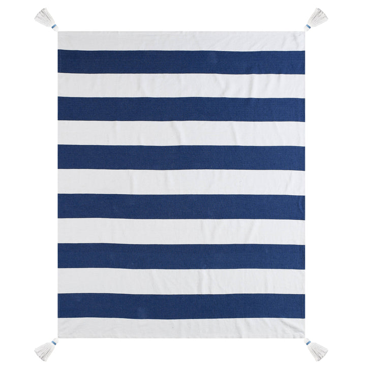 Cabana Striped Throw Blanket with Tassels: Navy Blue