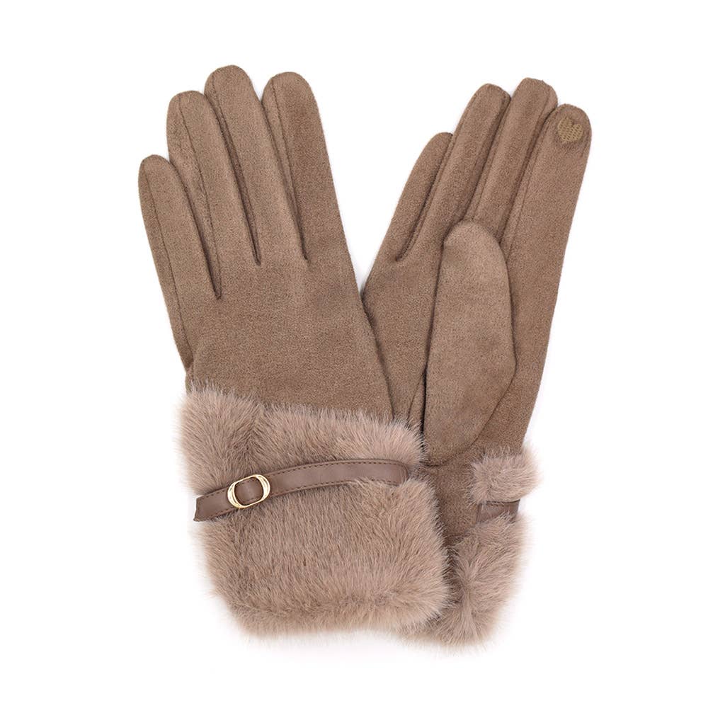 Faux Fur And Strap Cuff Smart Touch Gloves: Taupe